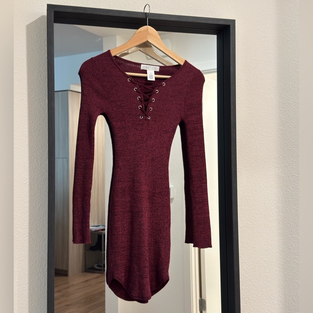Maroon Lace-Up Long Sleeve Dress
